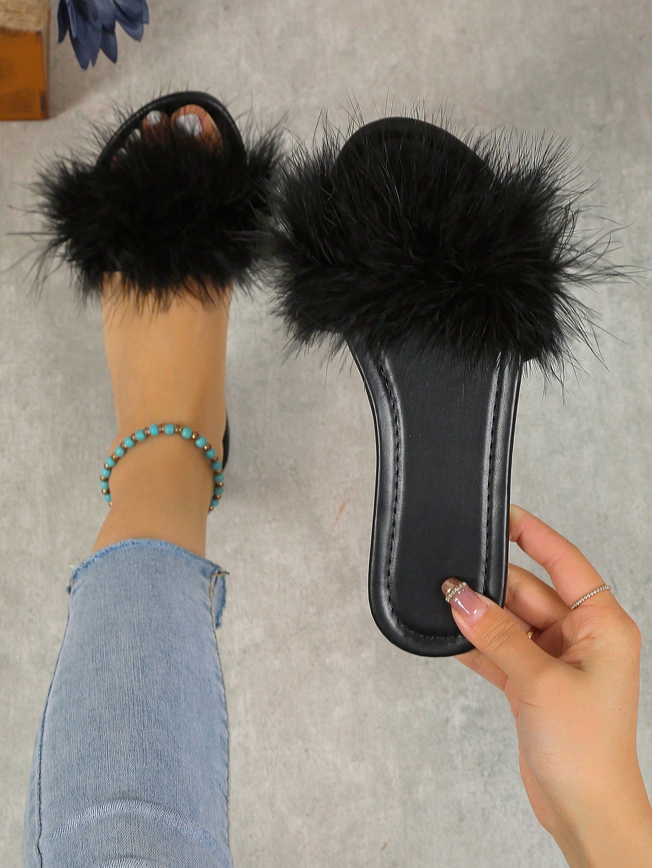 Women Single Band Slide Sandals, Glamorous Outdoor Fluffy Flat Sandals