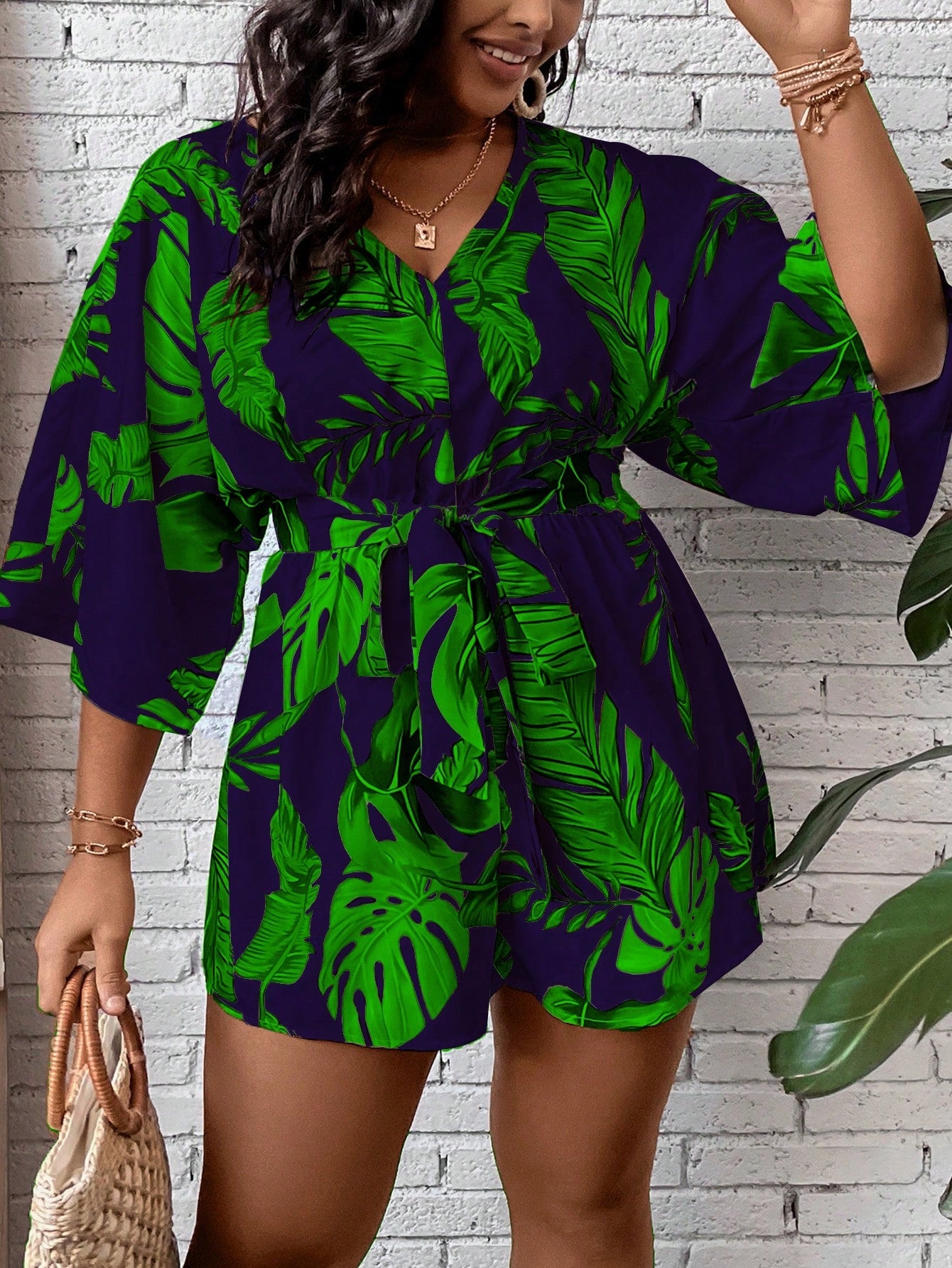 Plus Tropical Print Batwing Sleeve Belted Romper