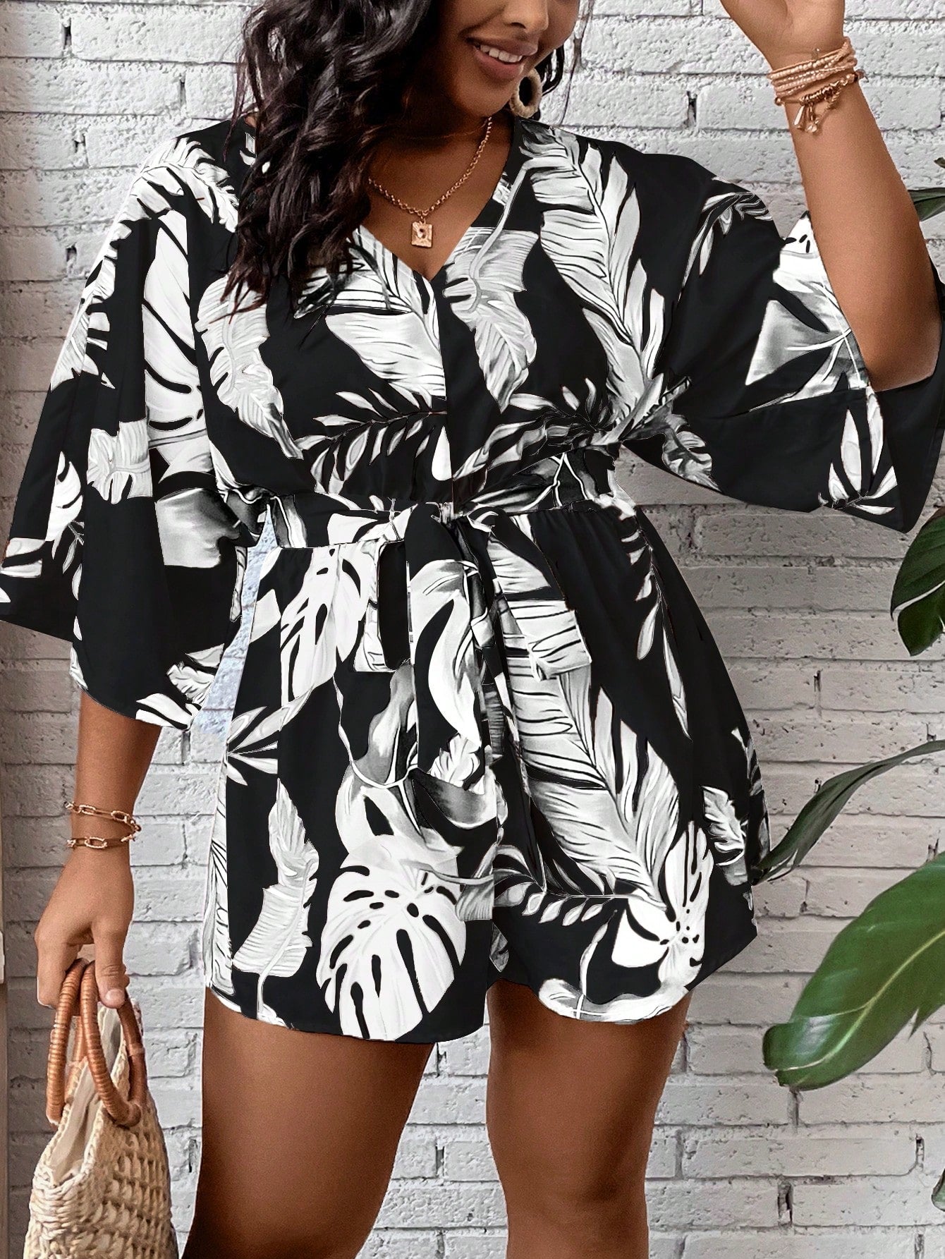 Plus Tropical Print Batwing Sleeve Belted Romper