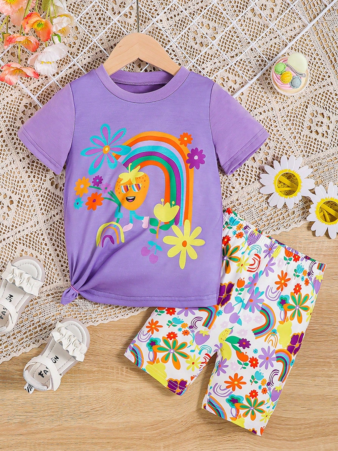 Young Girl Unicorn Printed Short Sleeve T-Shirt And Shorts Set, Summer