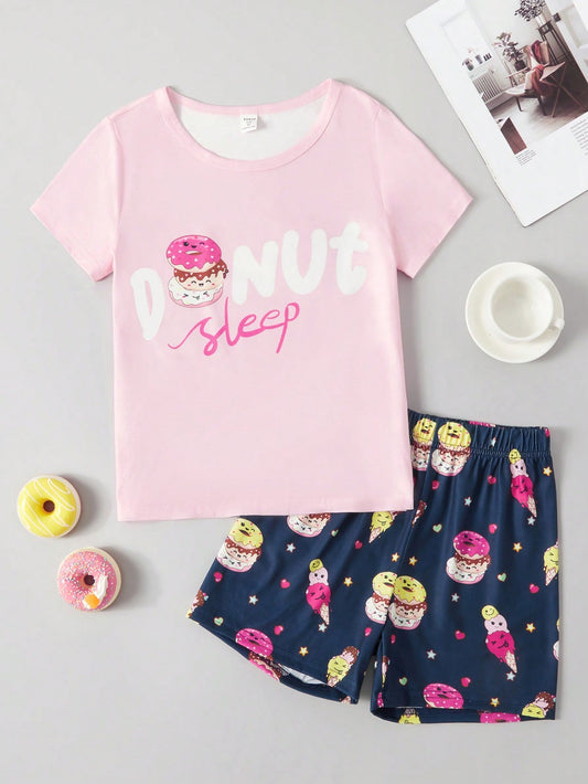 Tween Girls' Pajama Set, Cute Cartoon Donut Printed Short Sleeve Round Neck Top And Shorts, Four Seasons