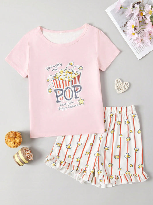 Tween Girl Striped & Slogan Graphic Ruffle Hem PJ Set