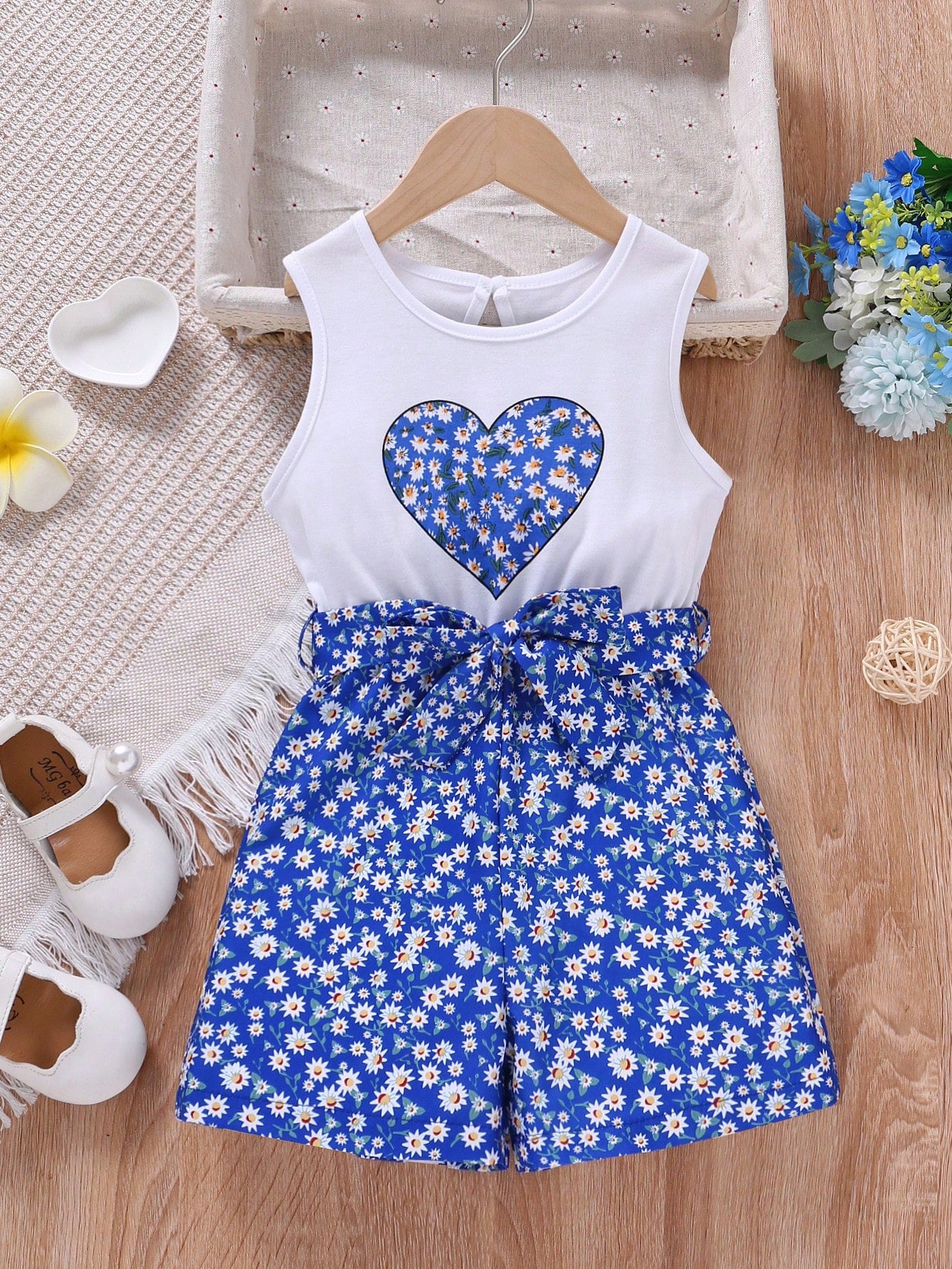 Young Girl Ditsy Floral & Heart Print Belted Romper