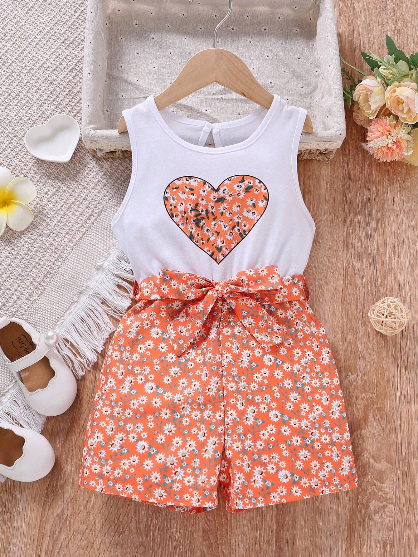 Young Girl Ditsy Floral & Heart Print Belted Romper