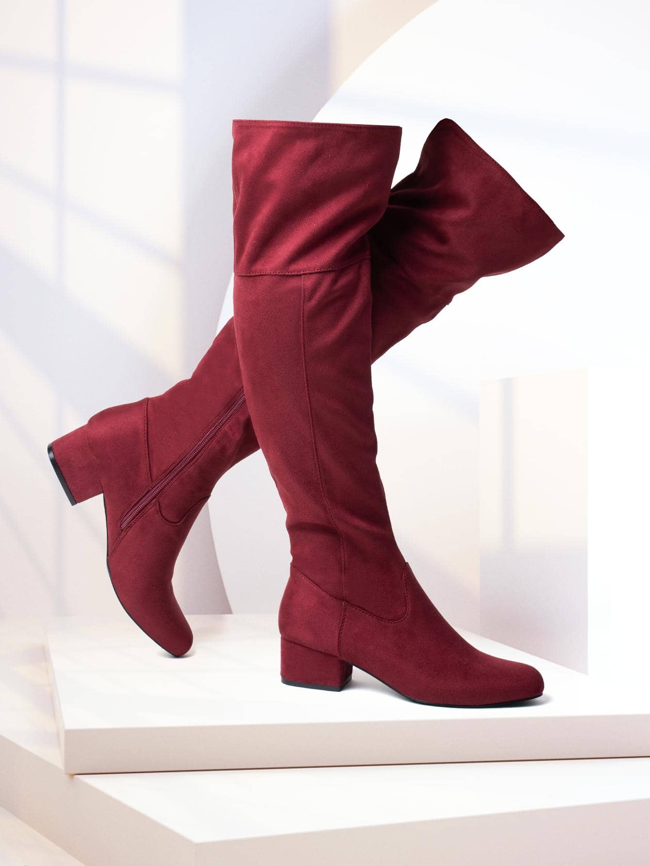 Women Knee High Boots Suede Chunky Heel Side Zipper Fashion Boots Stretch Over The Knee Boots Valentine's Day