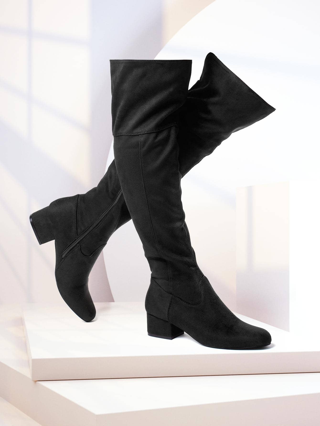 Women Knee High Boots Suede Chunky Heel Side Zipper Fashion Boots Stretch Over The Knee Boots Valentine's Day