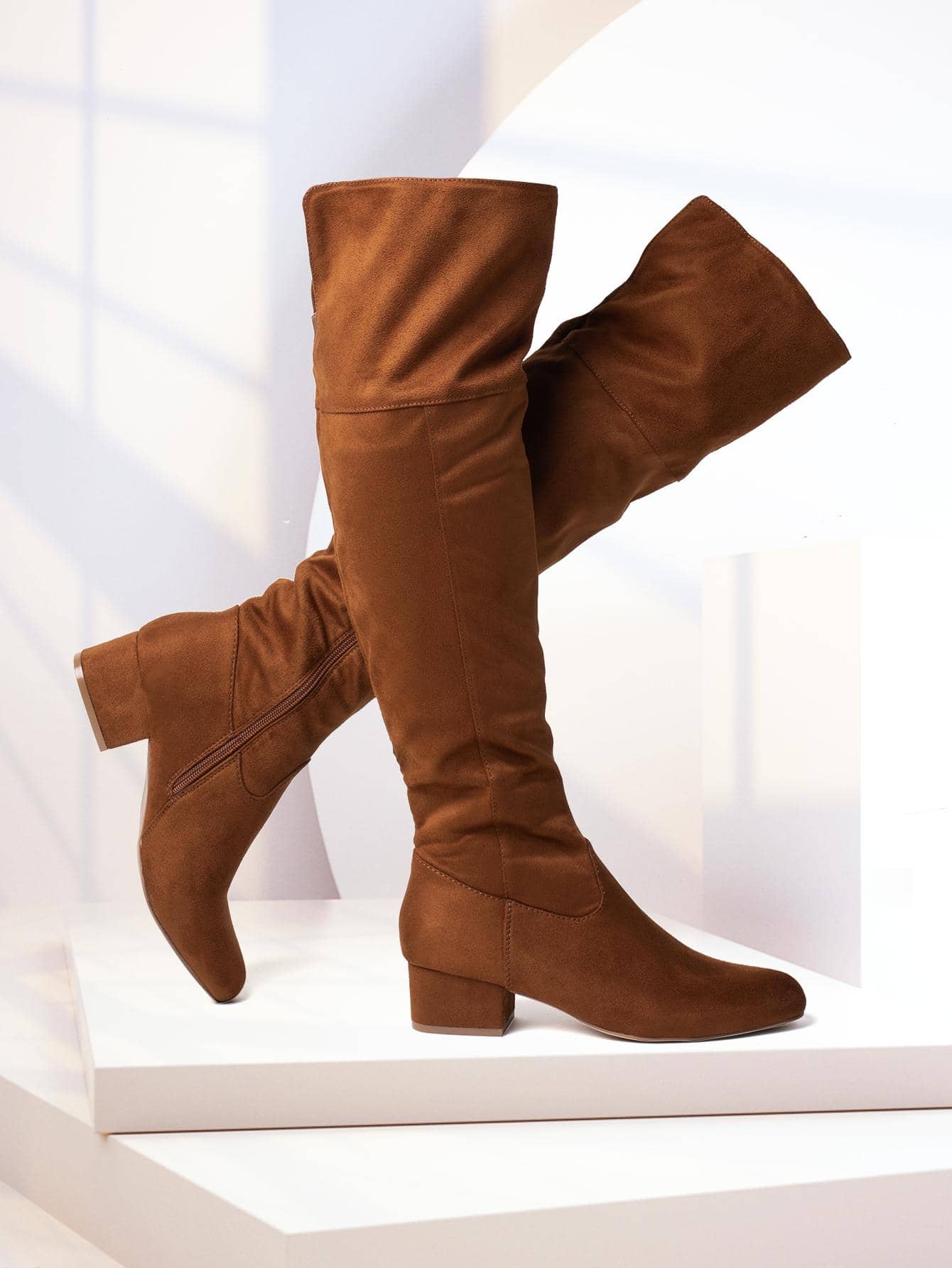 Women Knee High Boots Suede Chunky Heel Side Zipper Fashion Boots Stretch Over The Knee Boots Valentine's Day