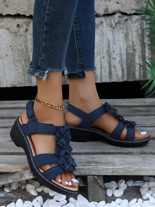 New Women's Sandals For 2024 Summer, European And American Style Hollow Out Wedge Heel, Peep Toe Floral Comfortable Hook And Loop Roman Sandals