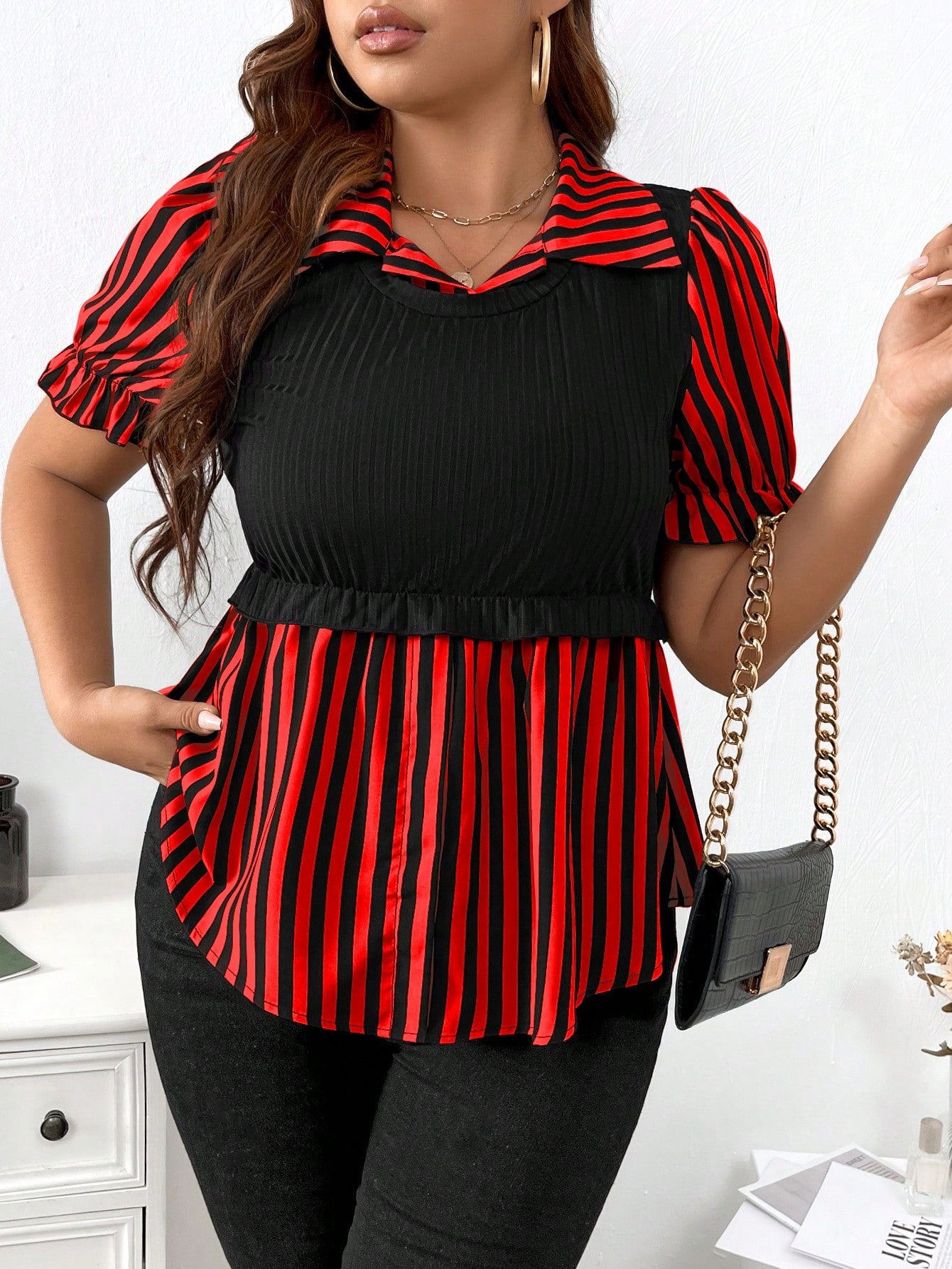 Plus Striped Print Puff Sleeve Peplum Top