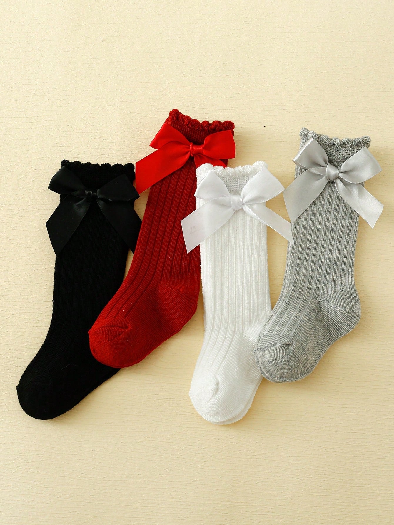 4pairs Children's Solid Color Bowknot Bubble Tube Socks Suitable For Daily Wear