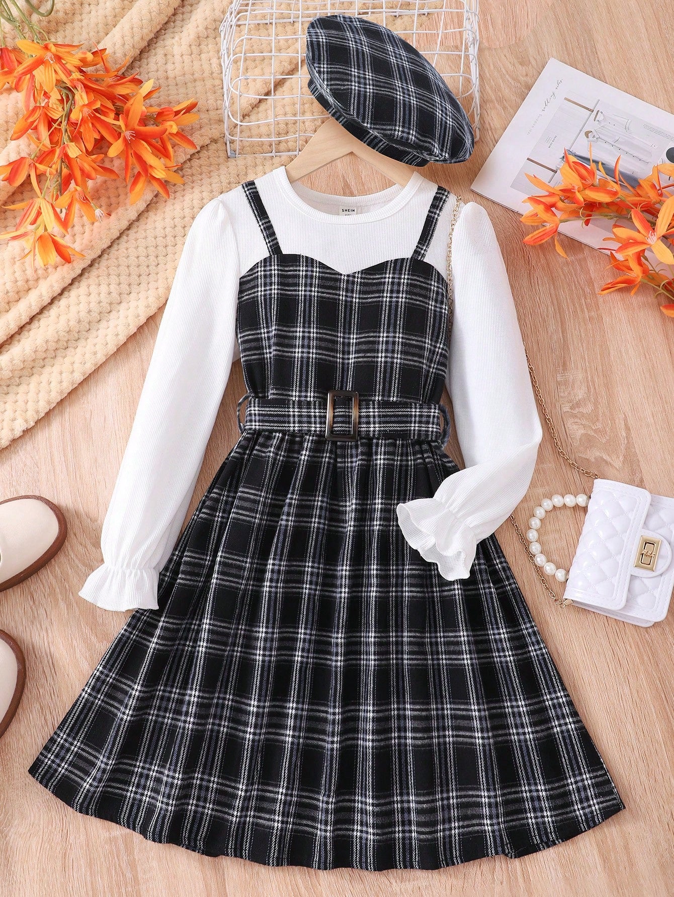 Tween Girl Plaid Print Flounce Sleeve 2 In 1 Dress & Hat