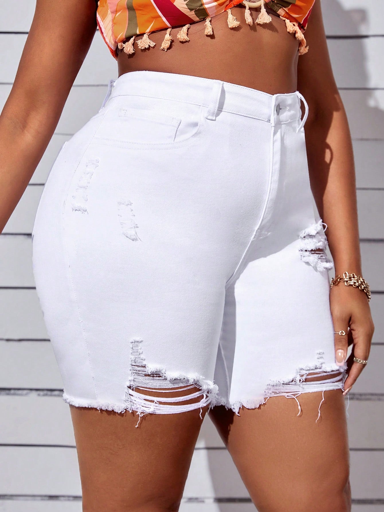 Plus Size Solid Color Denim Shorts With Pockets, Rips And Frayed Hem