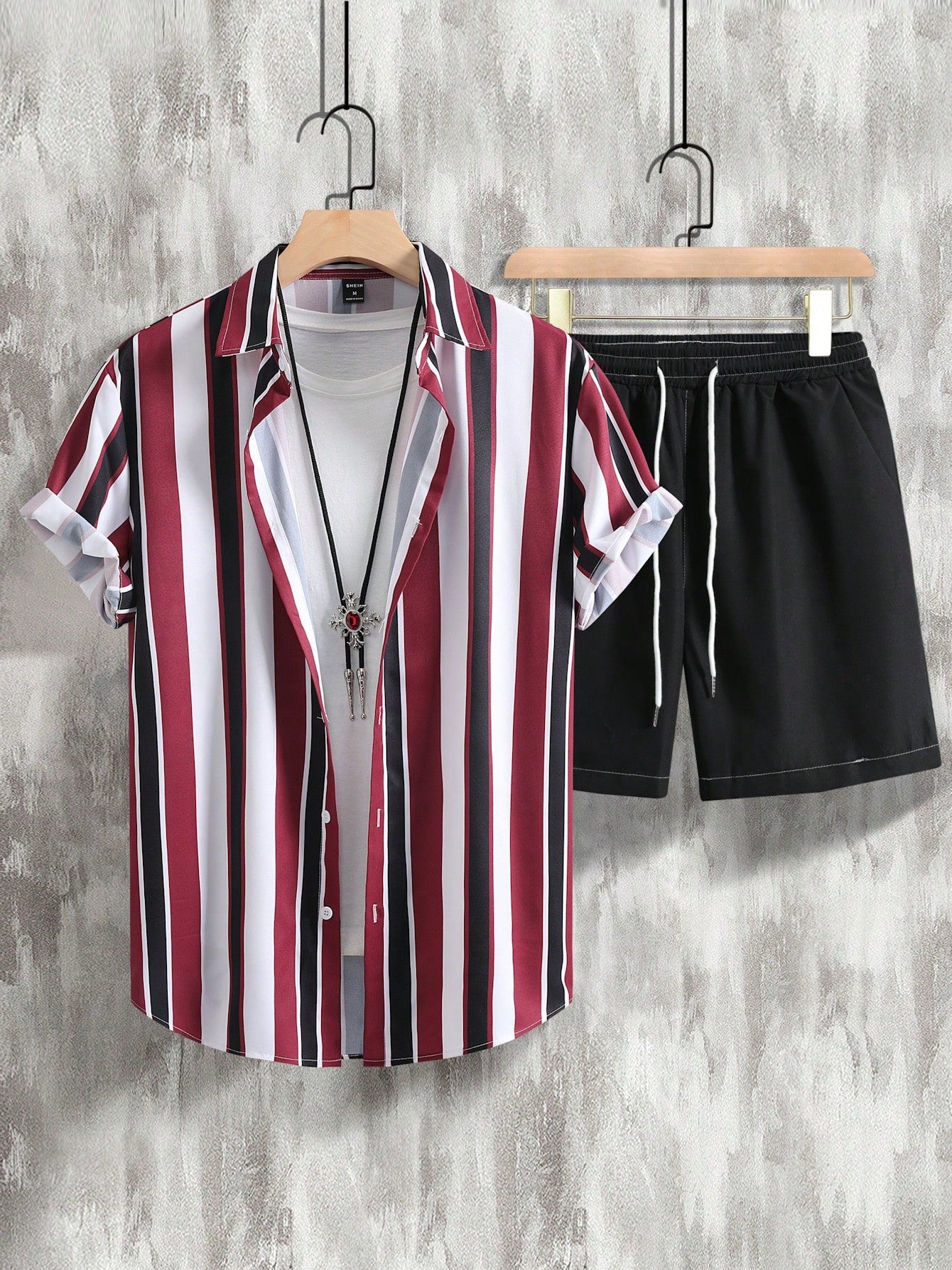 Men Striped Shirt & Drawstring Waist Shorts Without Tee