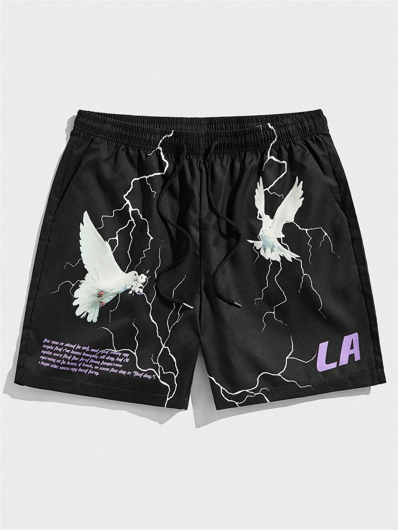 Street Life Men Pigeon & Slogan Graphic Drawstring Waist Shorts