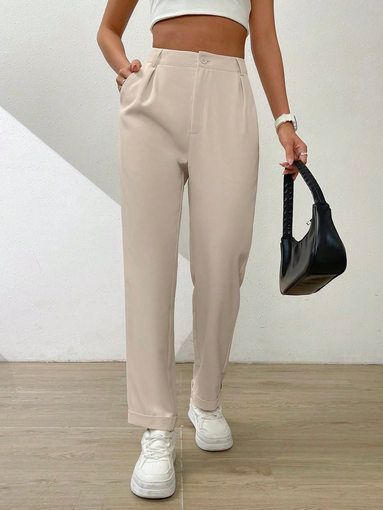 Solid Fold Pleated Slant Pocket Pants