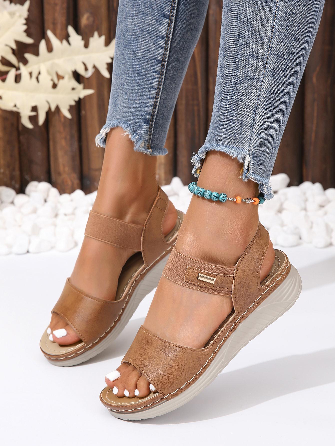 2023 New Arrival Stylish Vintage Elastic Band Women's Sandals With Stitch Detail, Lightweight Wedge Heel Soft Bottomed Women's Sandals