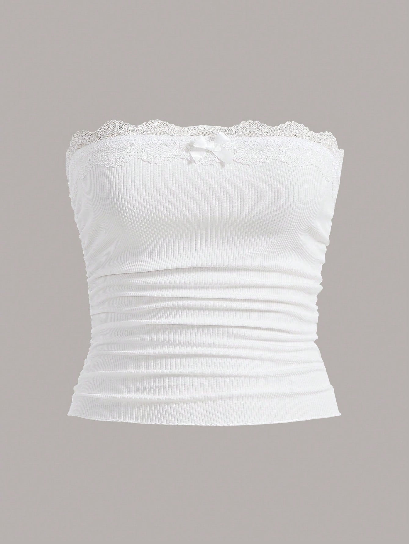 Contrast Lace Trim Ruched Side Bow Front Tube Top