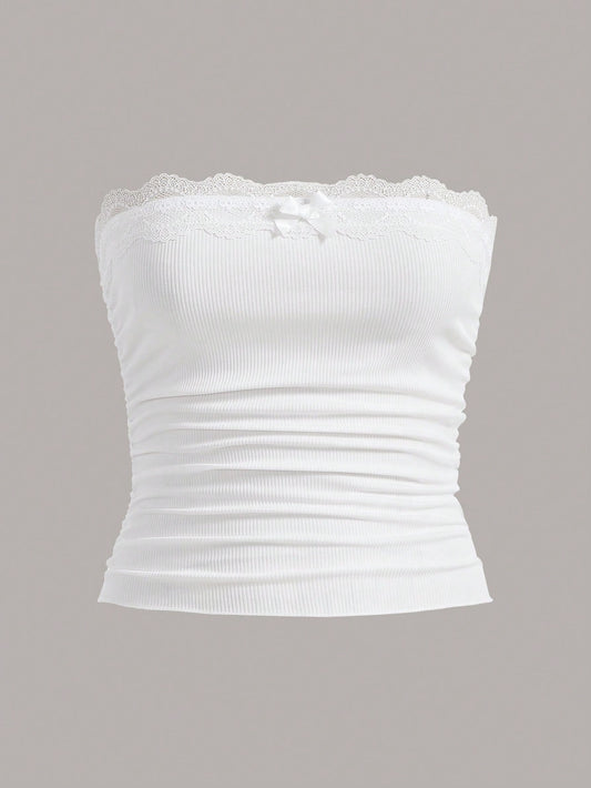 Contrast Lace Trim Ruched Side Bow Front Tube Top