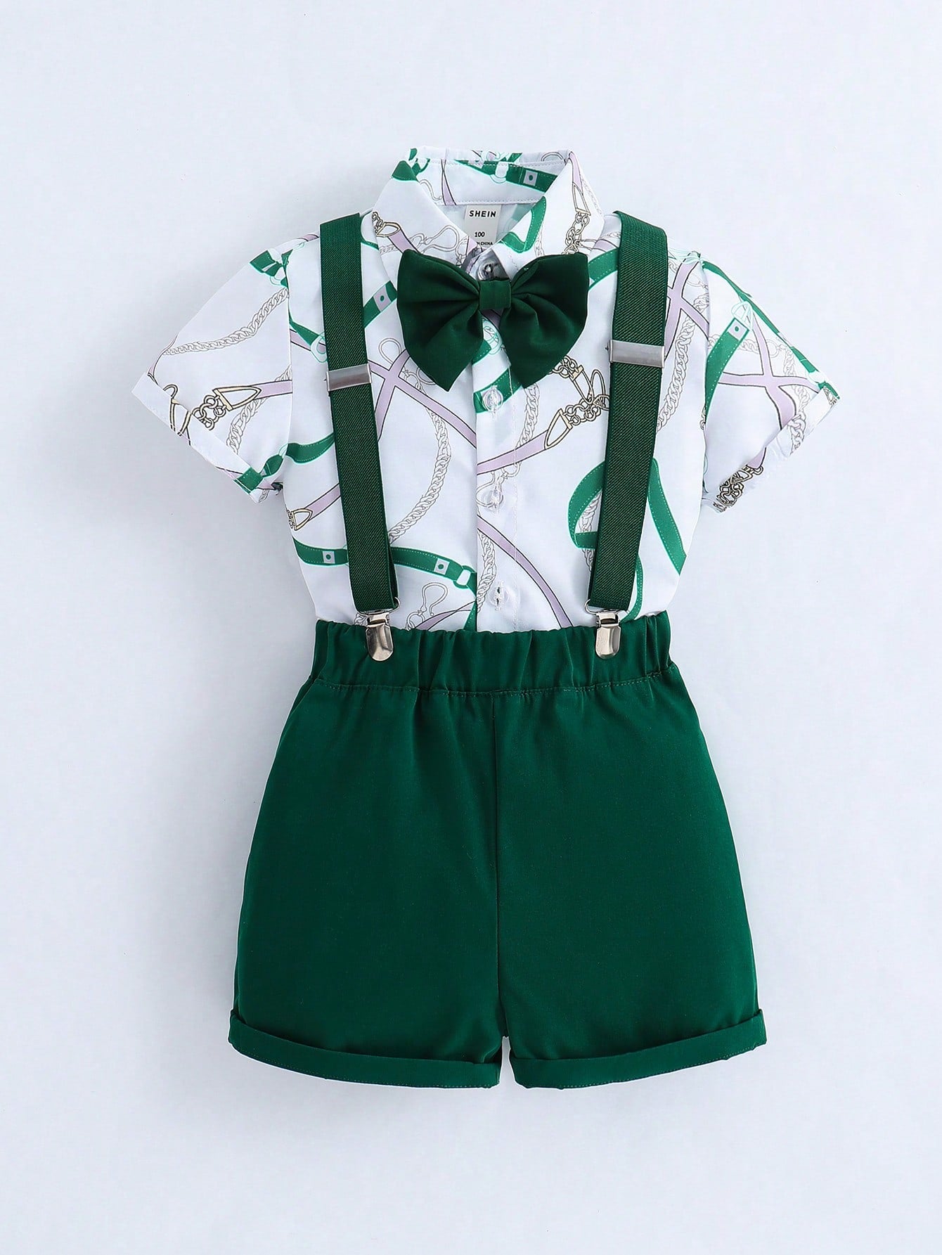 Young Boy Floral Print Bow Shirt & Pinafore Shorts