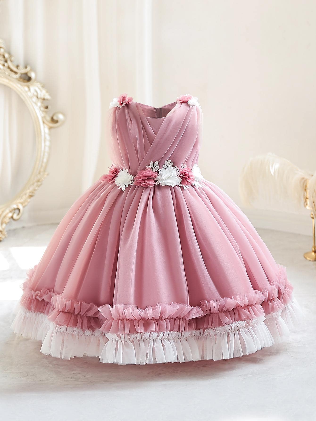 Young Girl Stereo Flower Contrast Mesh Ruffle Trim Gown Dress