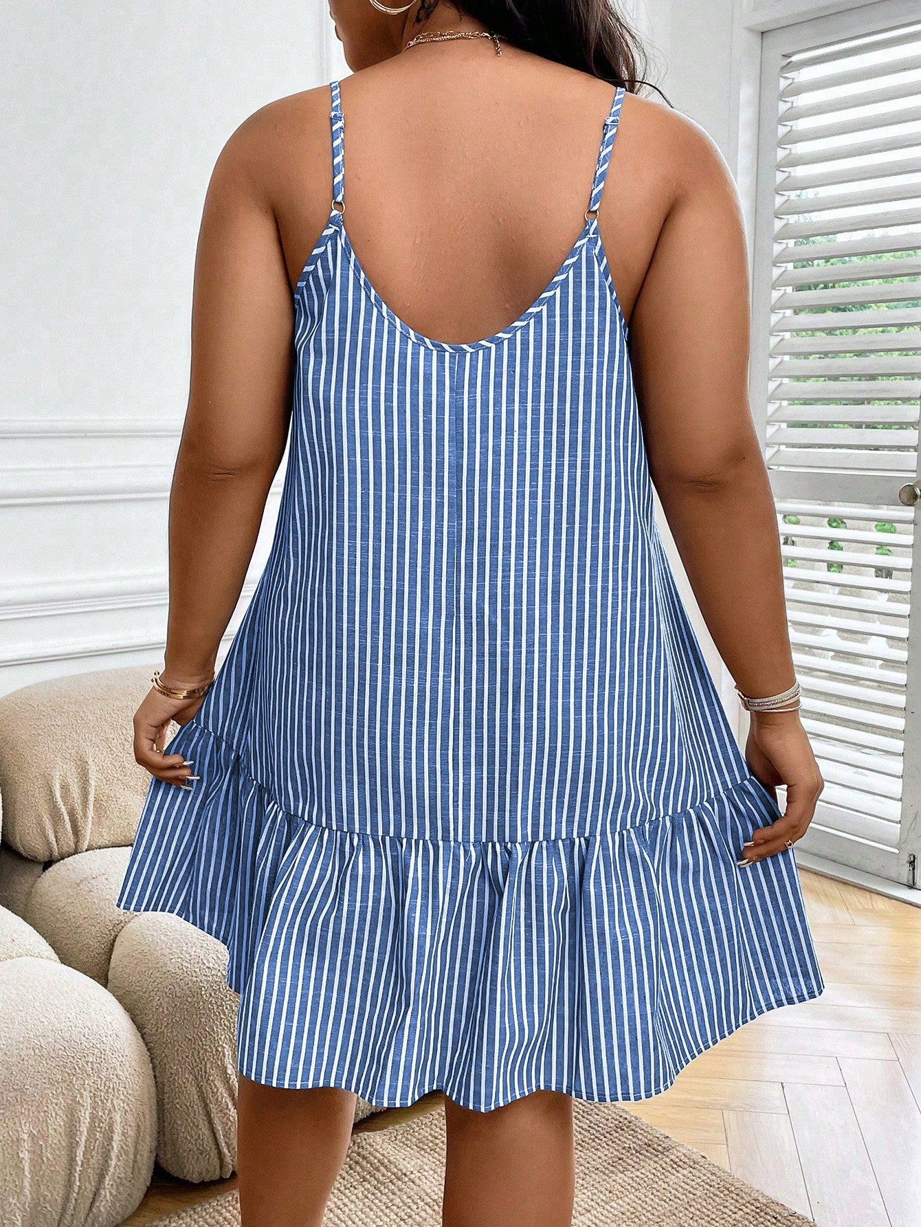 Plus Striped Print Ruffle Hem Cami Dress