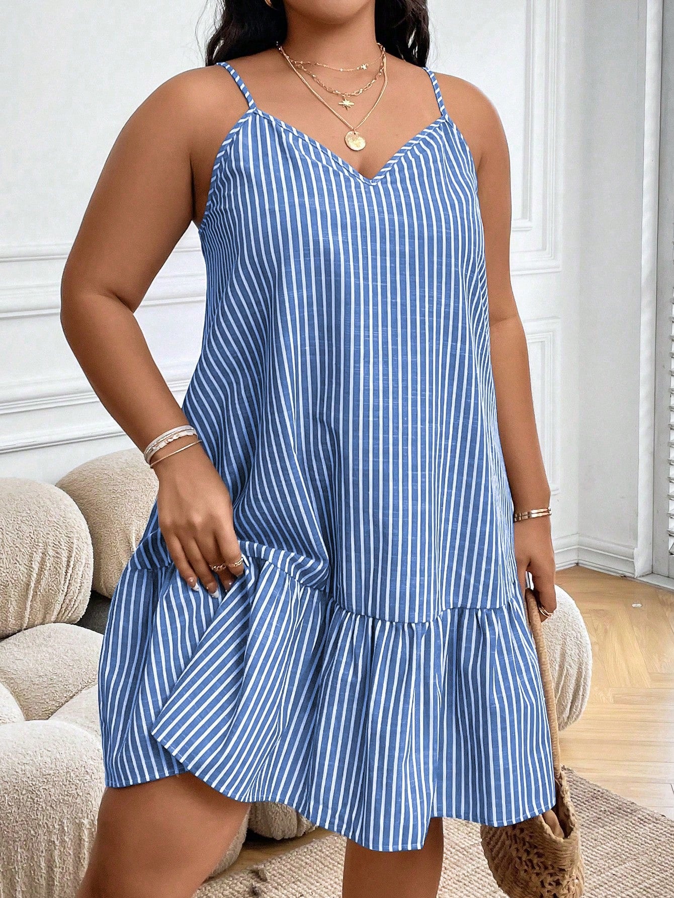 Plus Striped Print Ruffle Hem Cami Dress