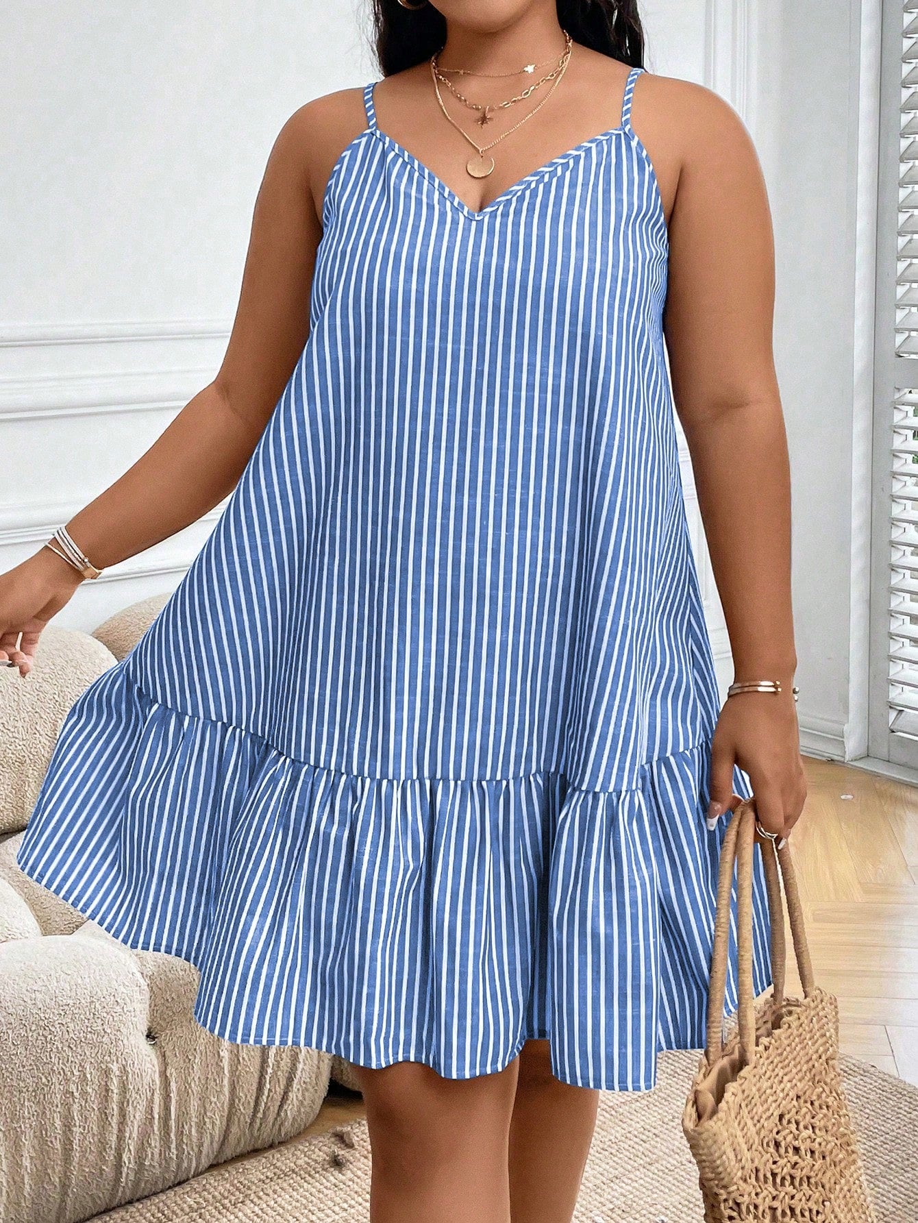 Plus Striped Print Ruffle Hem Cami Dress