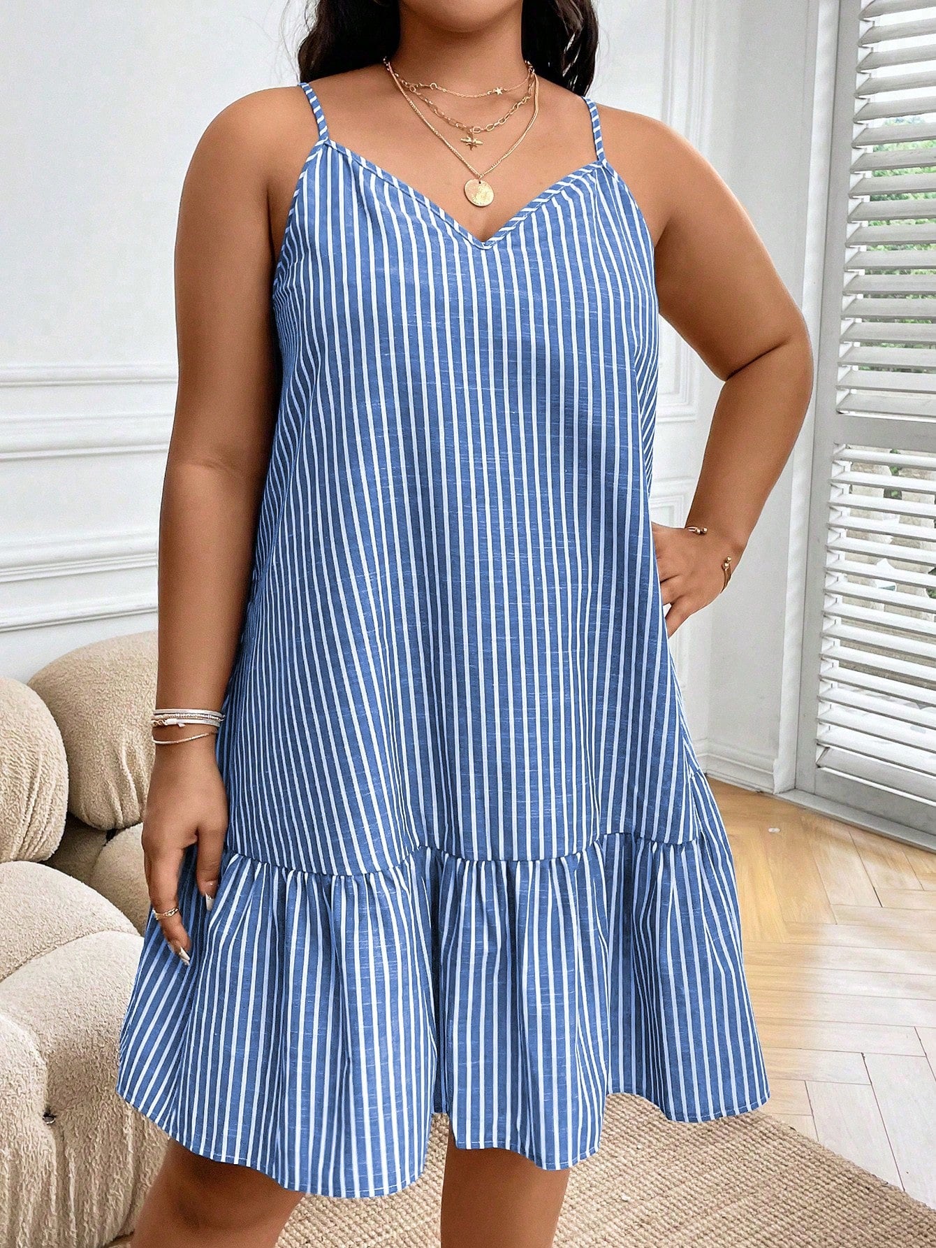 Plus Striped Print Ruffle Hem Cami Dress