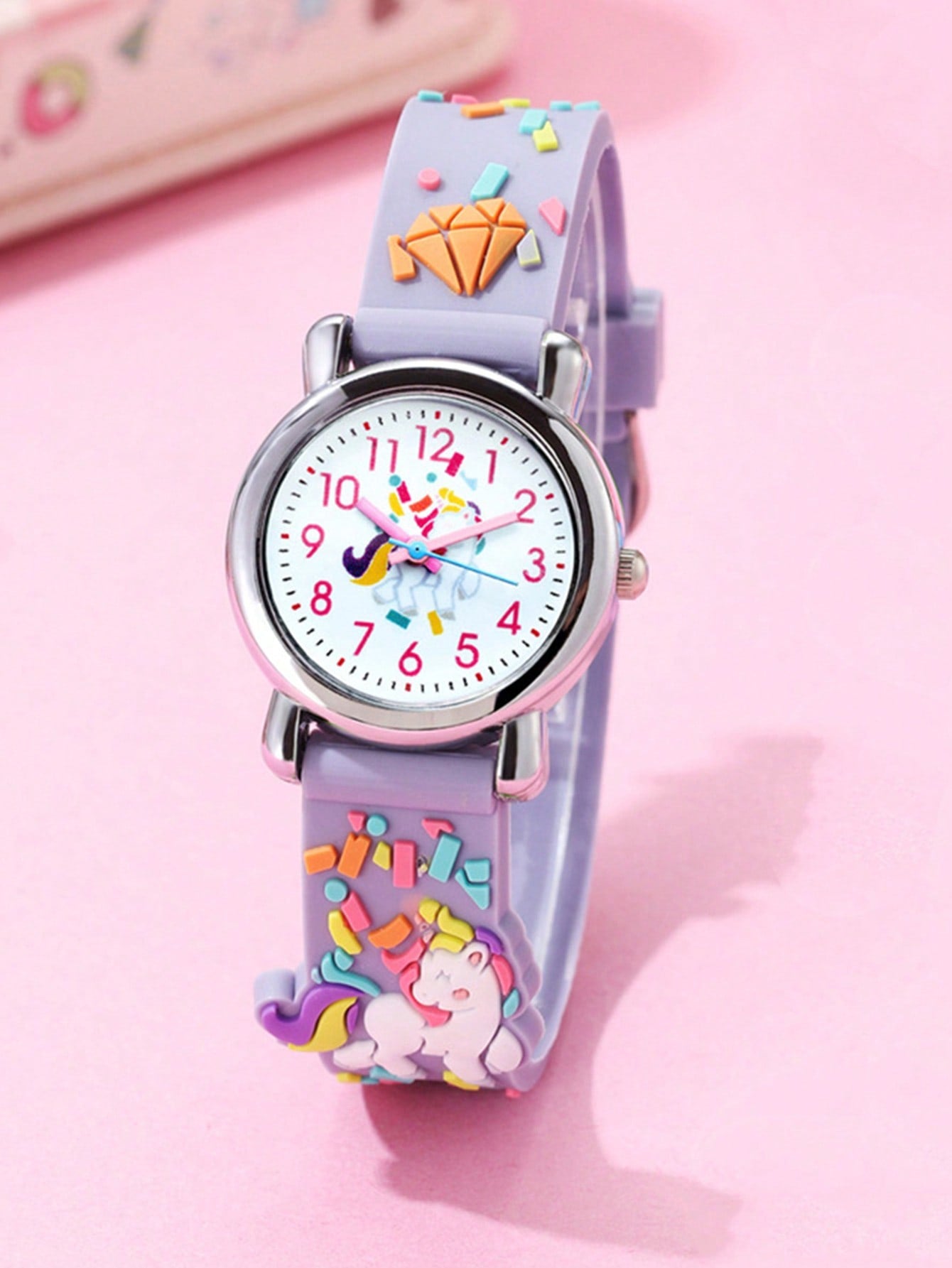 1pc Kids Diamond & Unicorn Decor Round Dial Quartz Watch For Daily Life