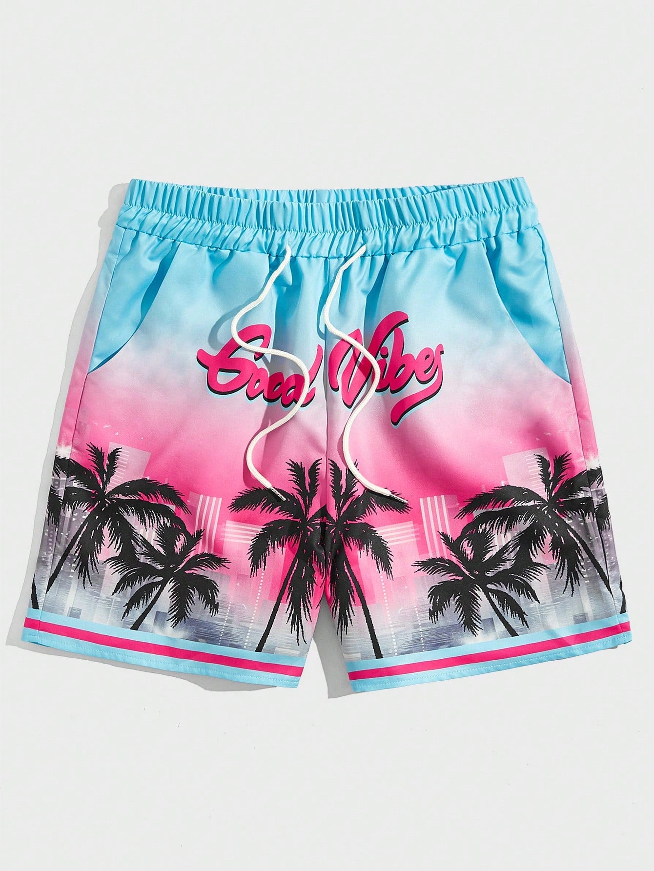 Street Life Men Coconut Tree & Letter Graphic Drawstring Waist Shorts