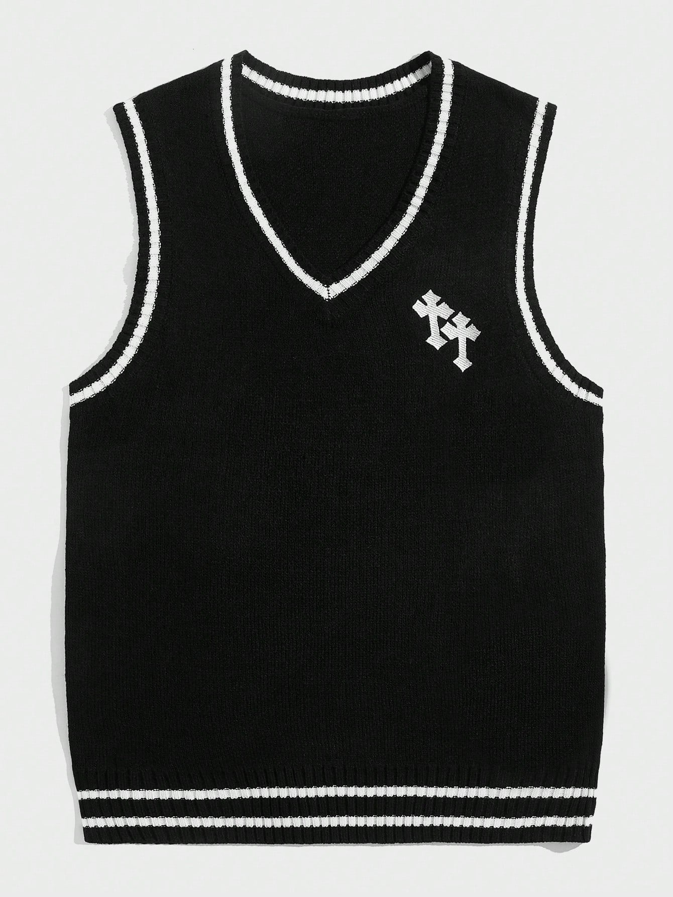 Men Cross Embroidery Contrast Binding Sweater Vest