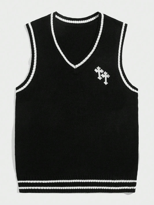 Men Cross Embroidery Contrast Binding Sweater Vest For Halloween