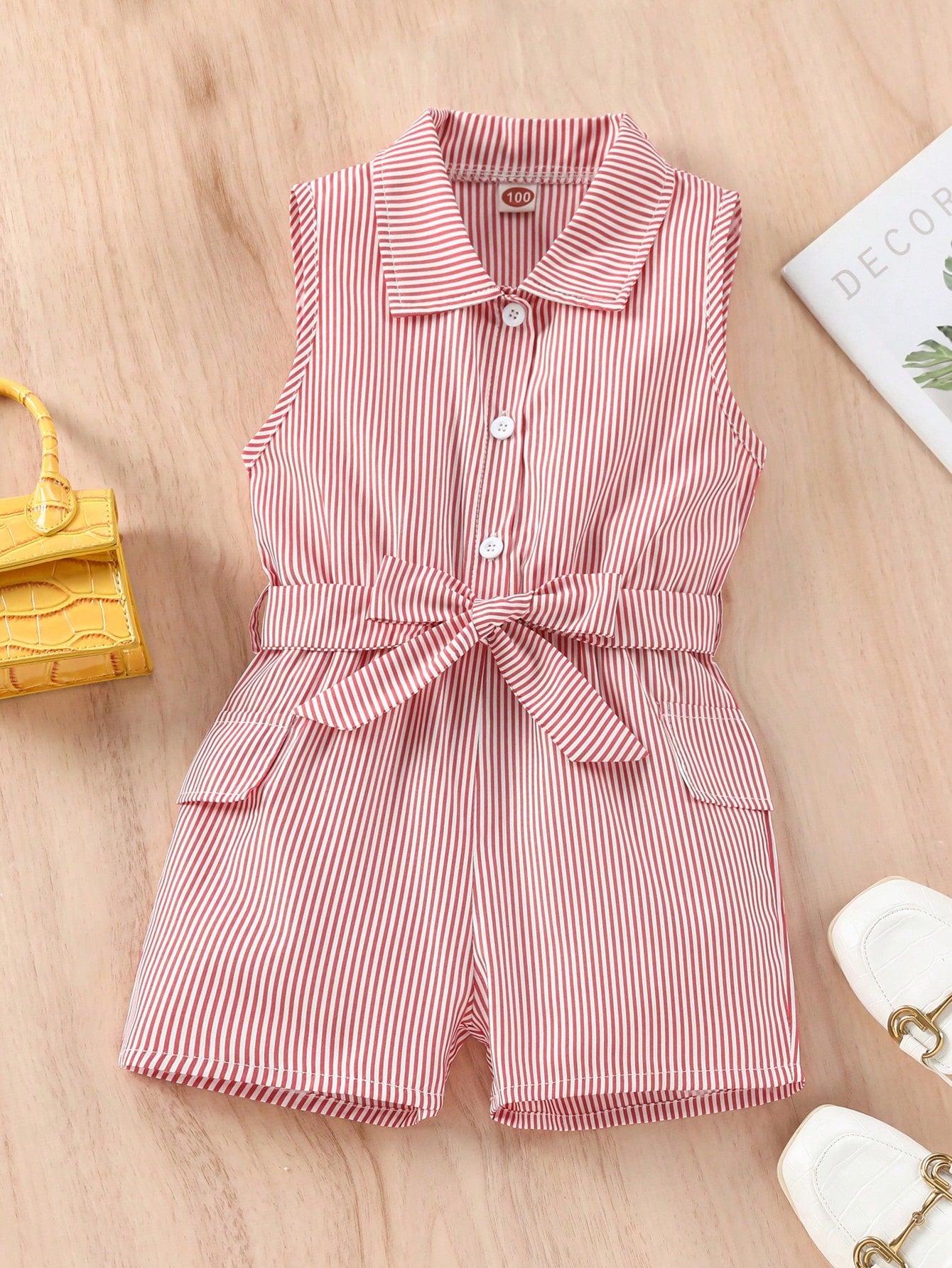 Young Girls' Fashionable Stripe Button Down Sleeveless Romper, Summer