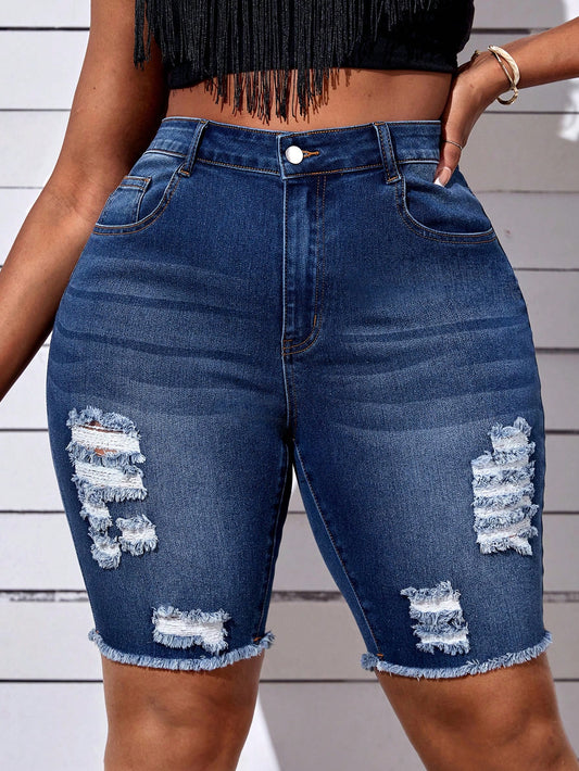 Plus High Waist Ripped Raw Hem Denim Shorts