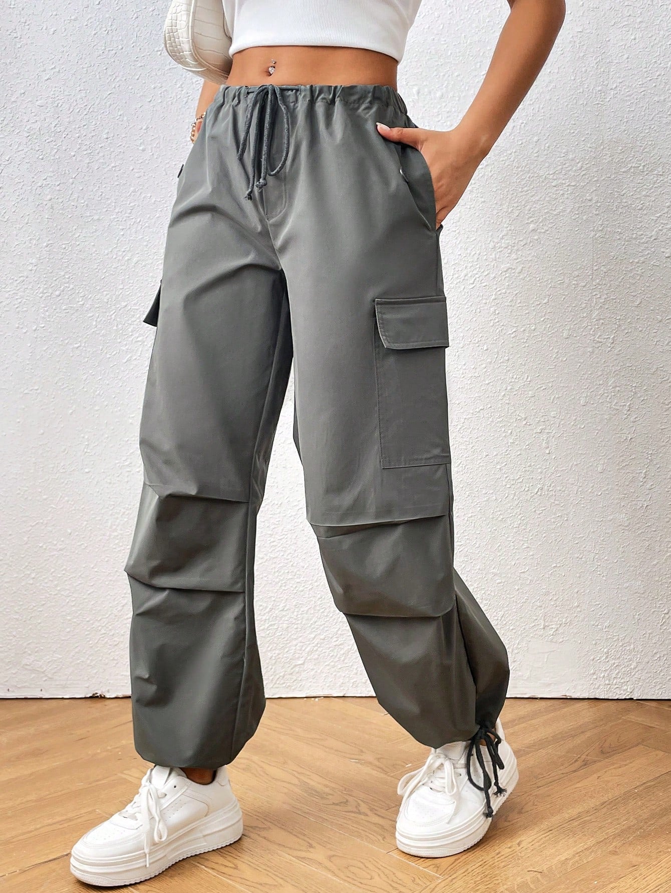 Drawstring Waist Flap Pocket Side Parachute Cargo White Pants