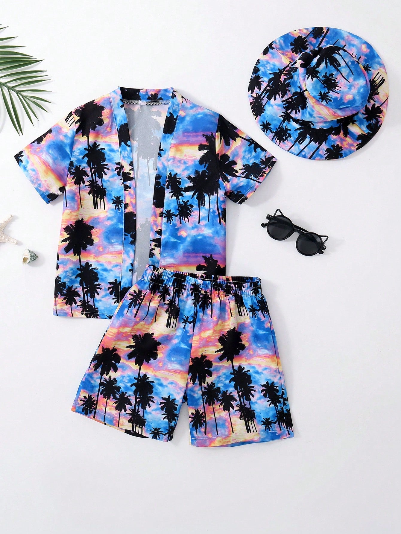 Young Boy Tropical Print Kimono & Swim Shorts & Swim Cap