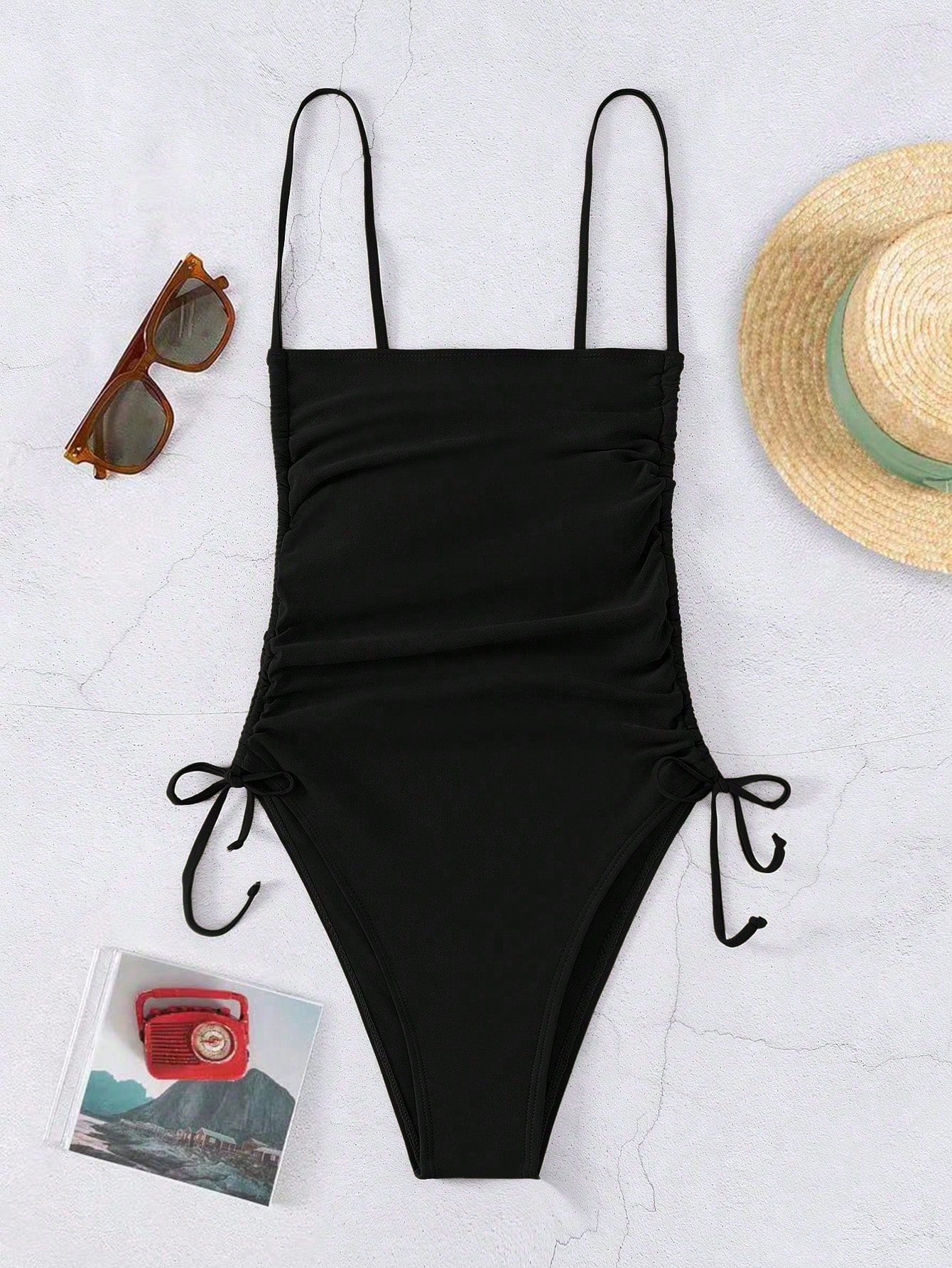 Swim Summer Beach Drawstring Side One-Piece Swimsuit Bathing Suit