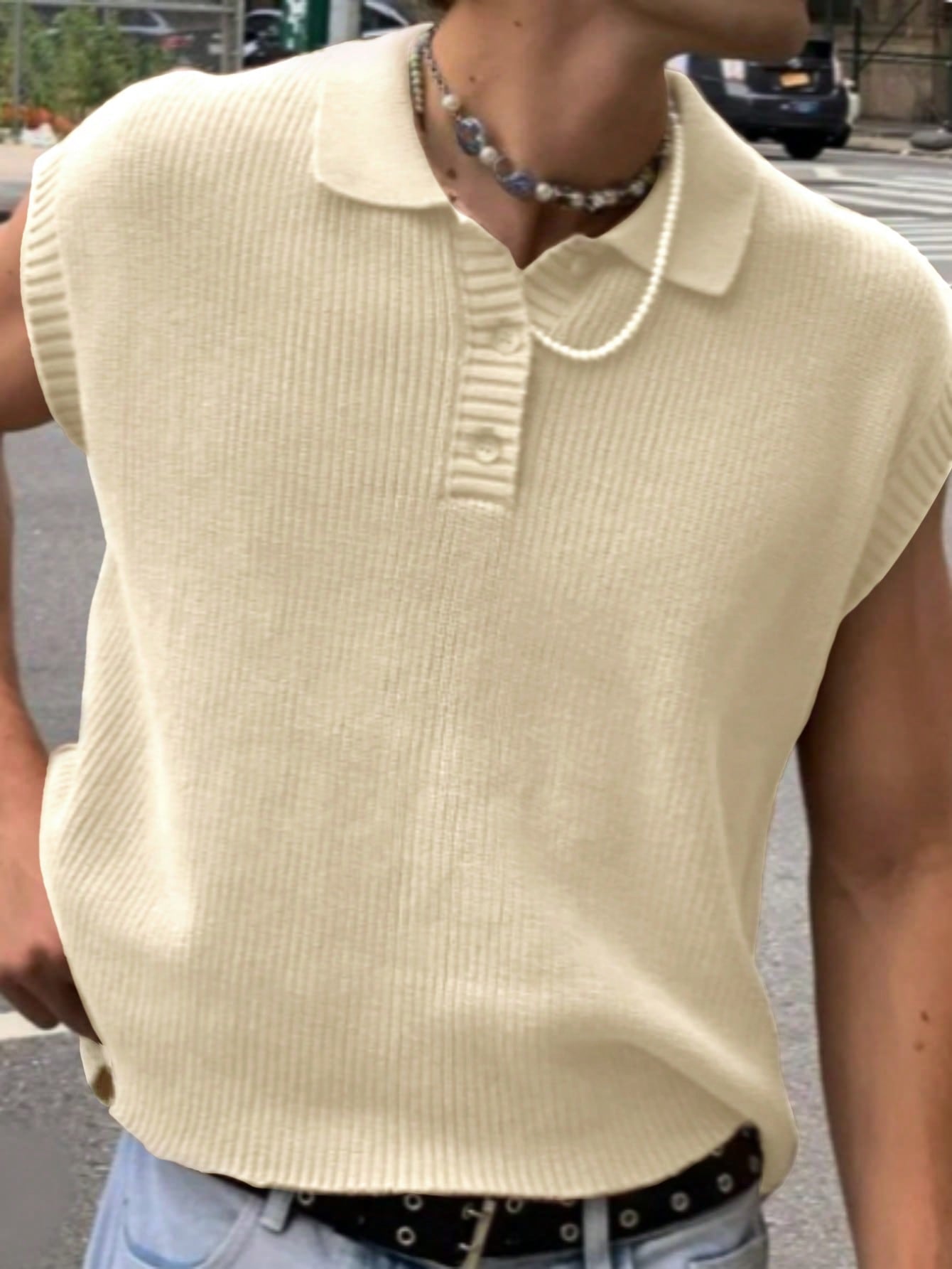 Men Polo Neck Solid Button Front Sweater Vest