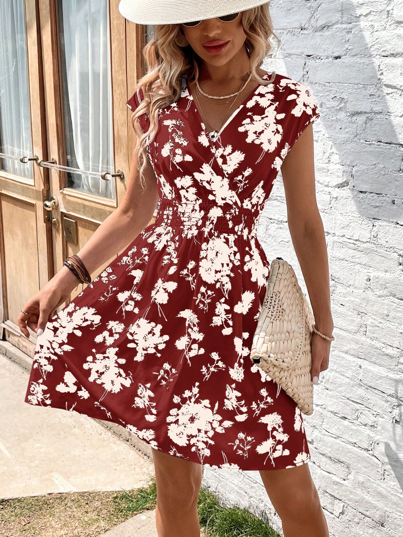 Women's Random Printed Plant V-Neck Dress