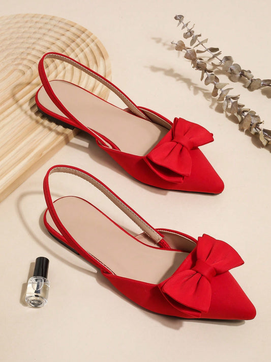 Women Bow Decor Point Toe Slingback Flats, Funky Red Flats