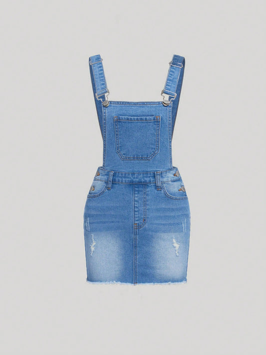 Teen Girls Raw Hem Overall Denim Dress Without Tee