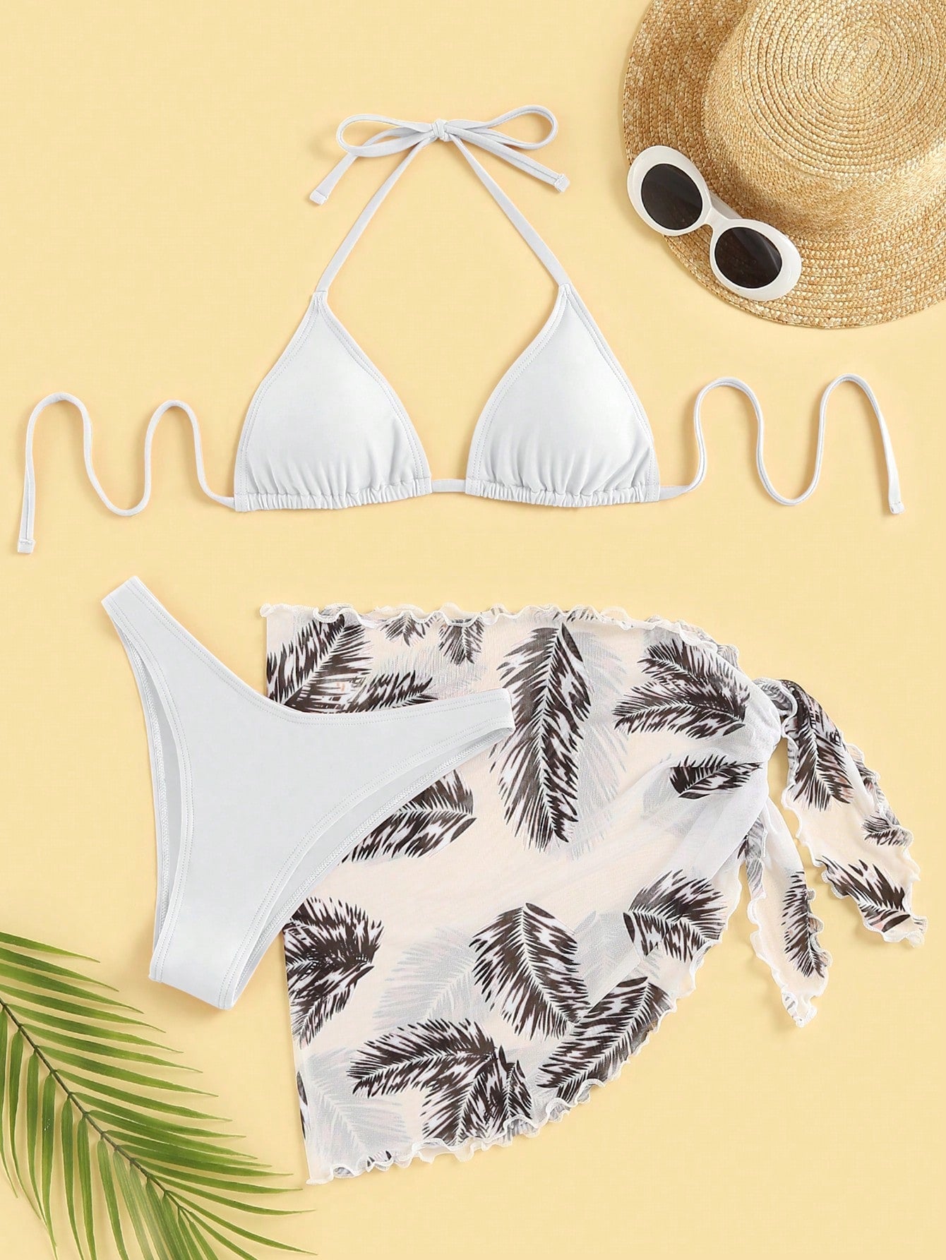 Swim Summer Beach Leaf Print Bikini Set Halter Triangle Bra & High Cut Bottom & Cover Up Skirt 3 Piece Bathing