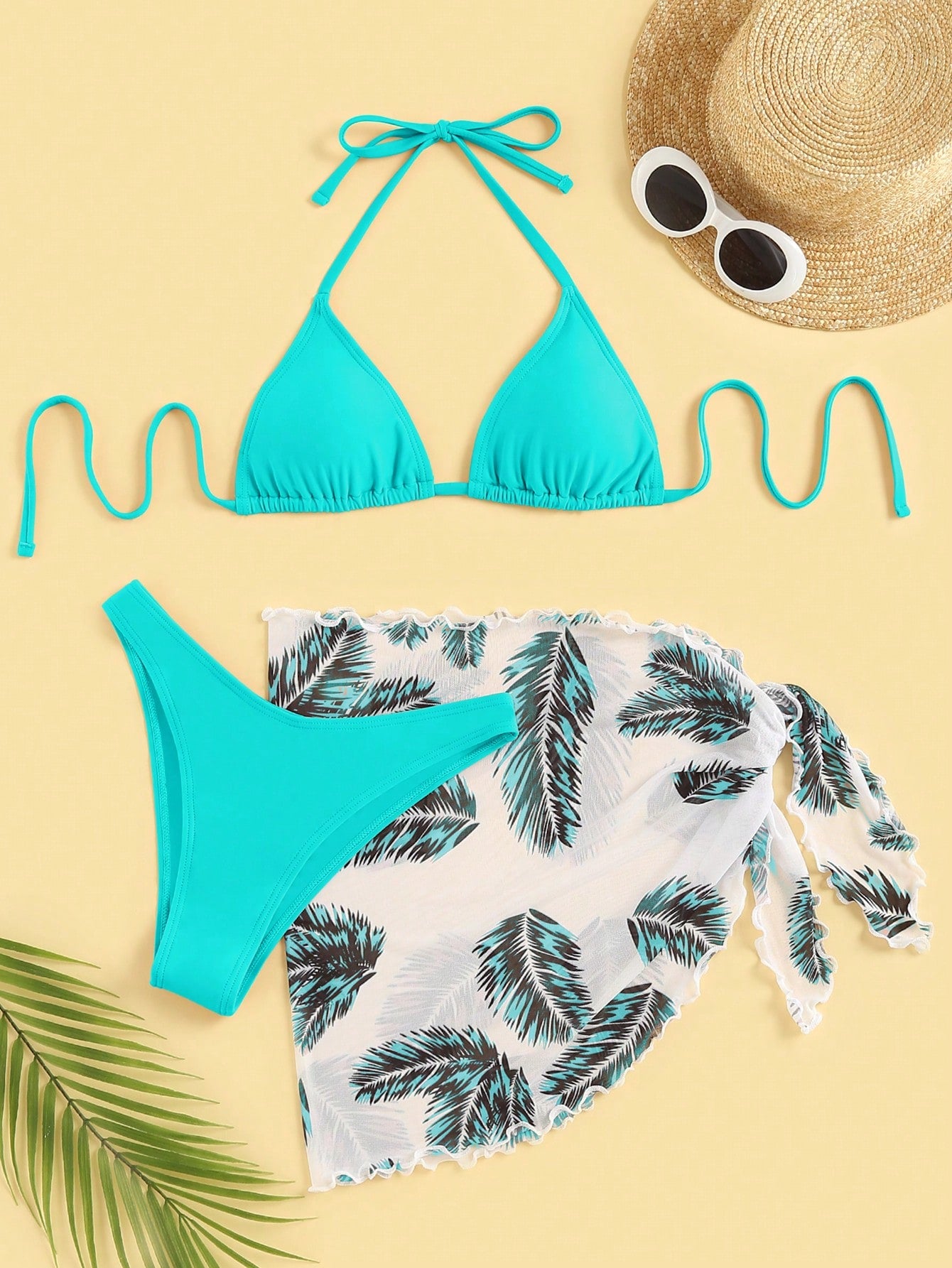 Swim Summer Beach Leaf Print Bikini Set Halter Triangle Bra & High Cut Bottom & Cover Up Skirt 3 Piece Bathing