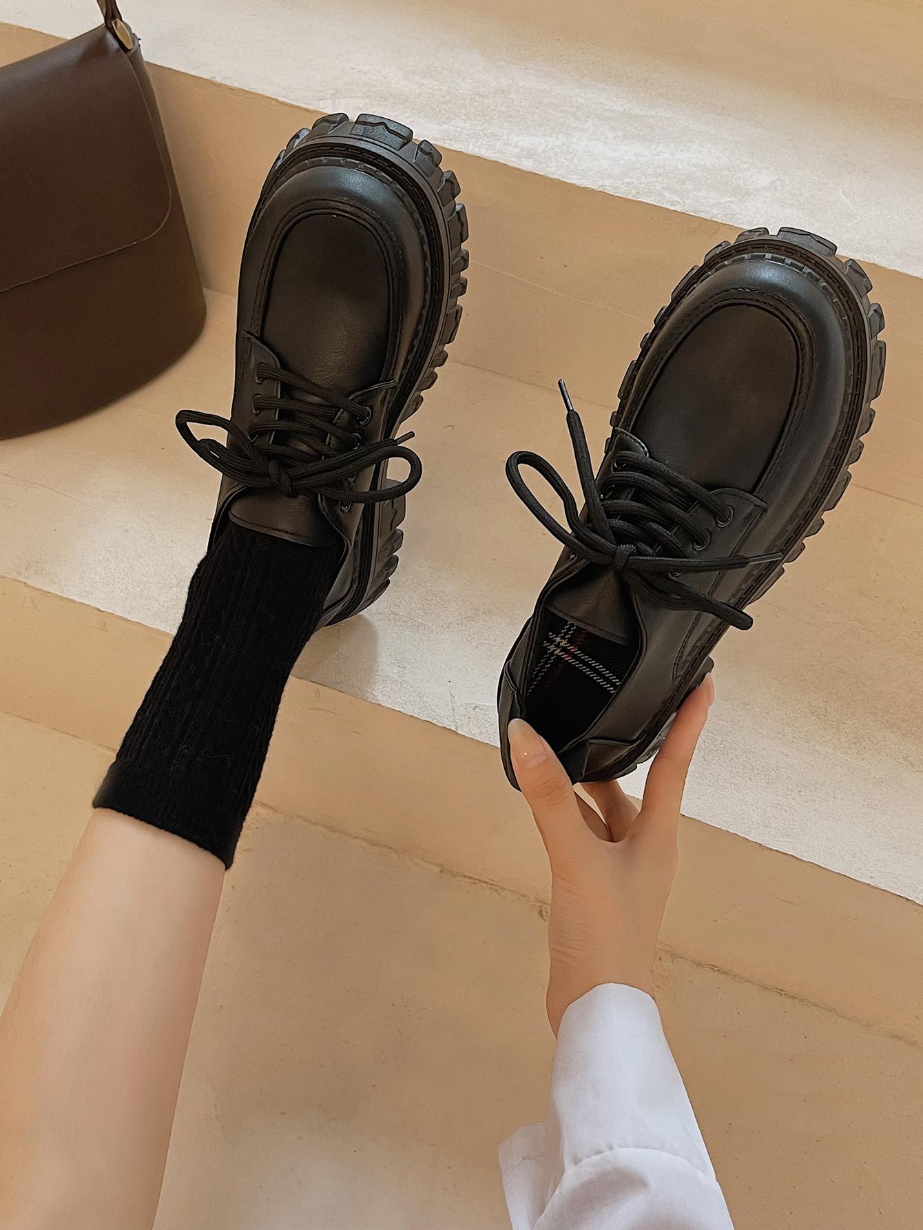 Thick-Sole Shoes With Vintage British Style, Comfortable Black Pu Leather Women's Shoes With High Platform For Summer, College Style Footwear To Match