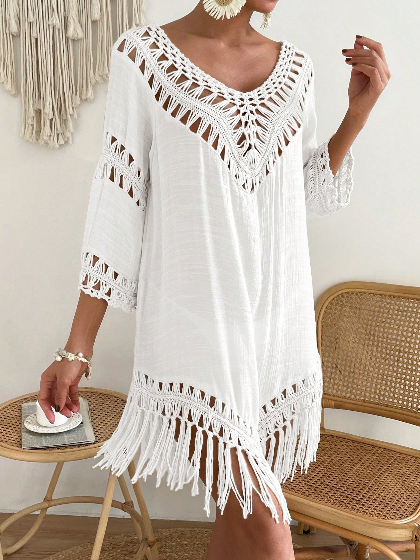 Swim Fringe Hem Crochet Cover Up Dress,Summer Beach