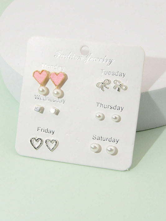 6pairs Girls Rainbow & Bow Decor Stud Earrings For Gift