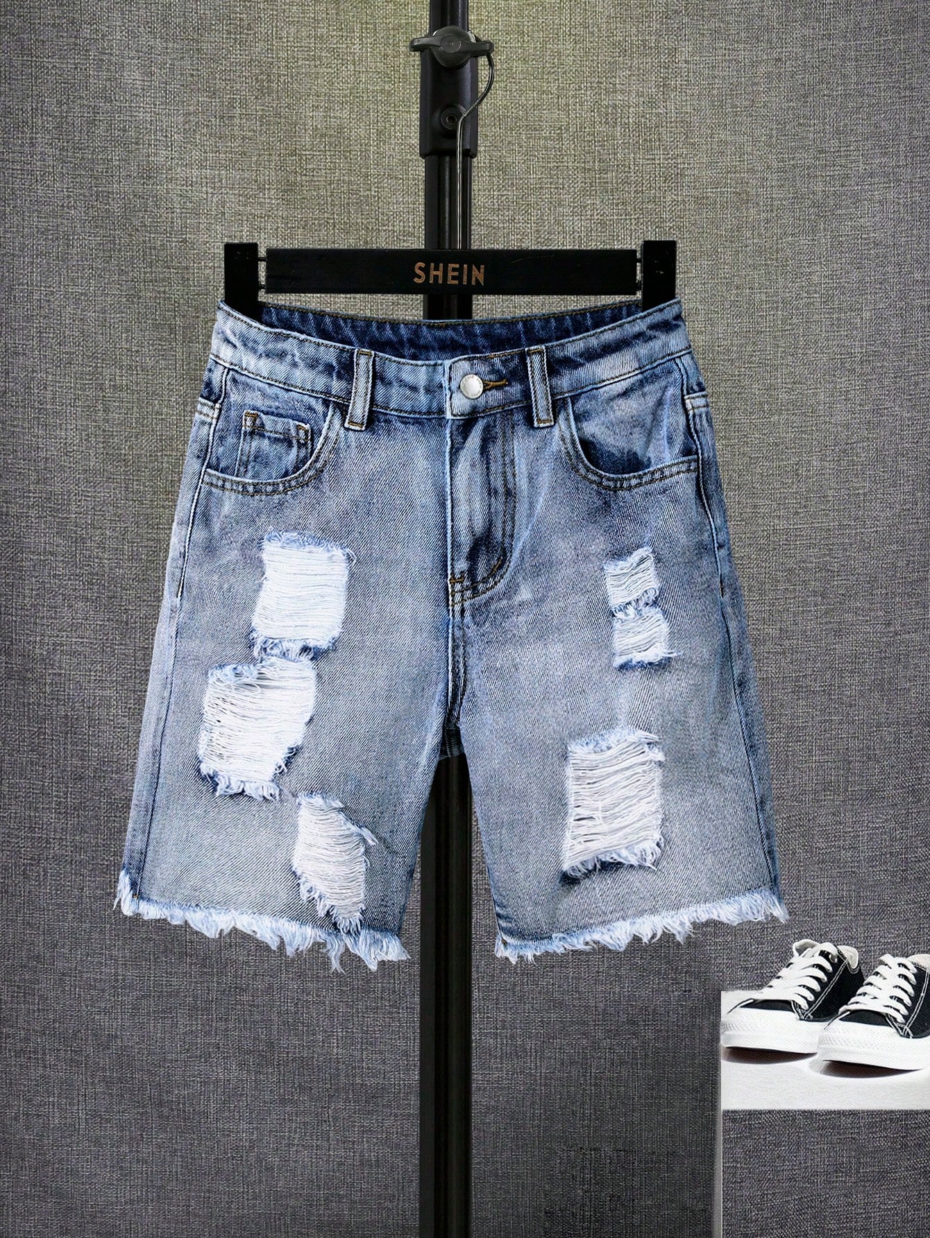 Tween Boys' Button Waist, Pocket Decor, Distressed Hem Casual Denim Shorts