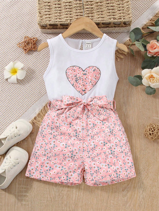 Young Girl Ditsy Floral & Heart Print Belted Romper