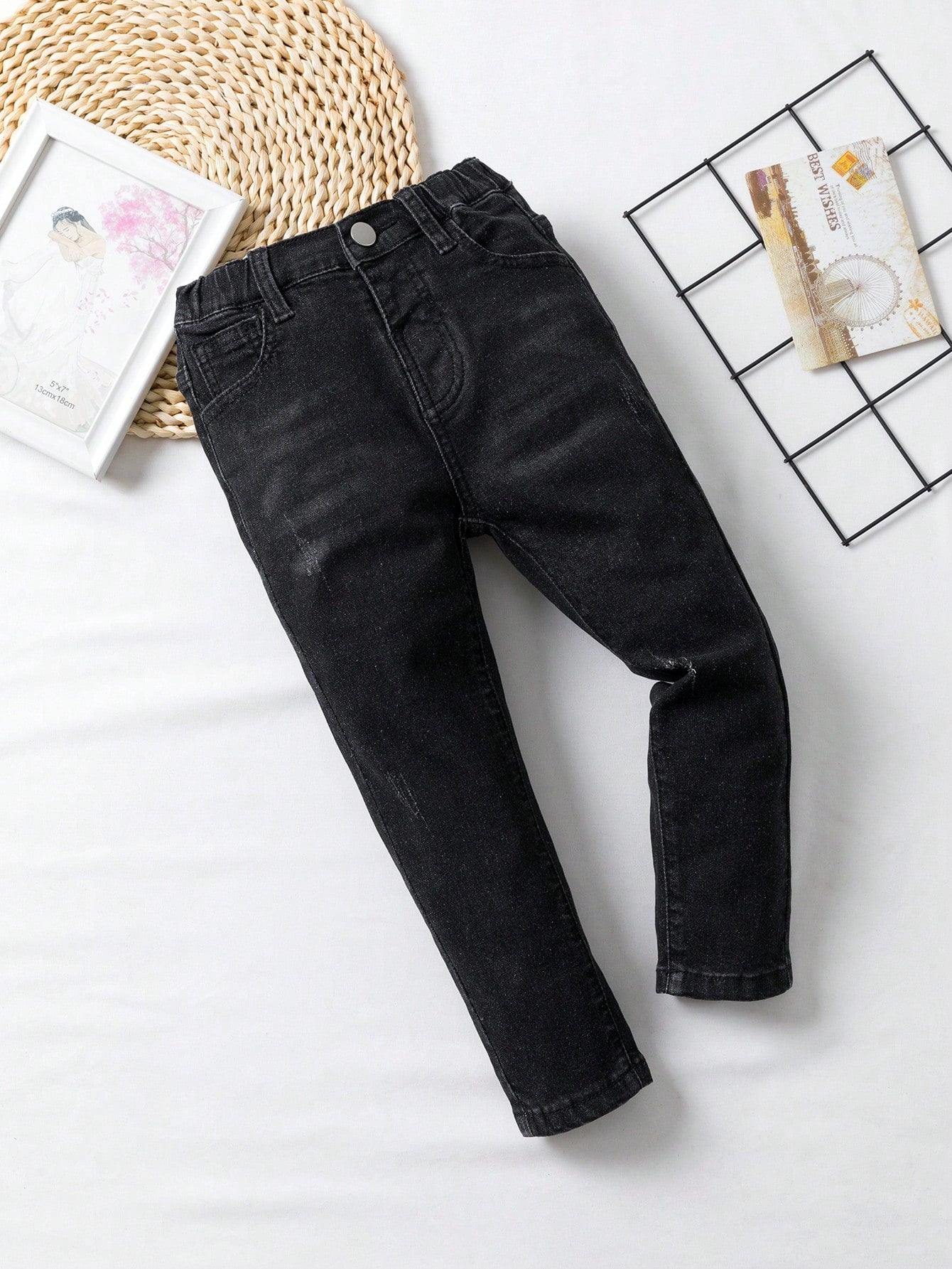 Young Boy Neutral Retro All-Match Five-Pocket Straight-Leg Jeans With Whiskering, Casual Simple College Style, Everyday Versatile Fashion Item