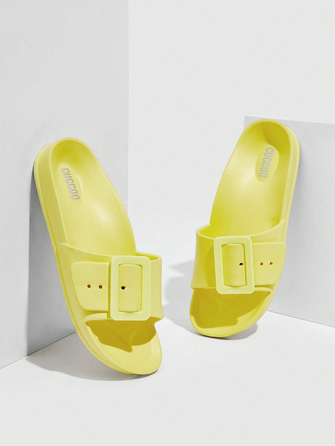 Woman Shoes Buckle Decor Single Band Fashionable Yellow Flat Slides For Summer Vacation Shoes Summer Sale Back To School Shoes College Student Shoes Halloween